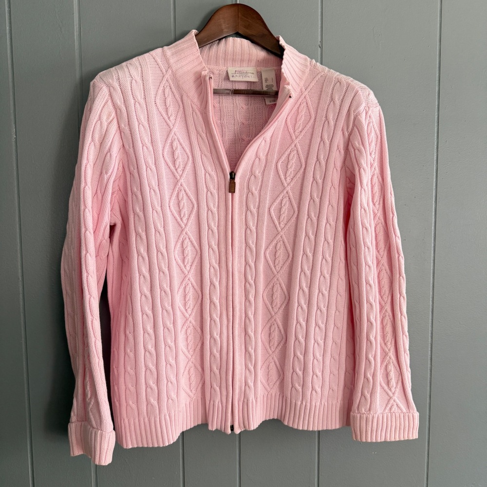Vtg Liz Claiborne Lizsport Pink Cotton Cable Knit Full Zip Cardigan Sweater L